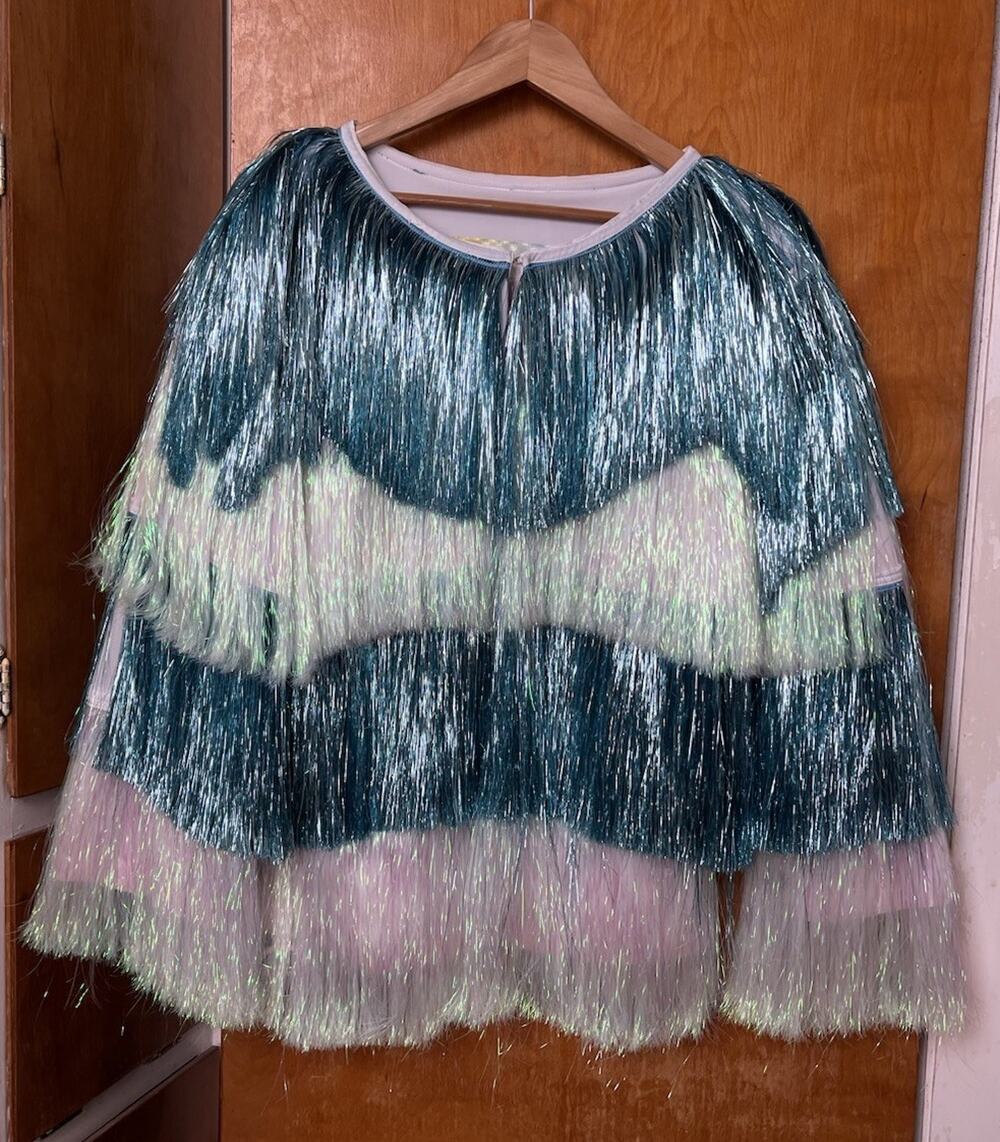 Fringe And Co Tinsel Jacket White Blue Iridescent Festival Tiered Tulane Size XL